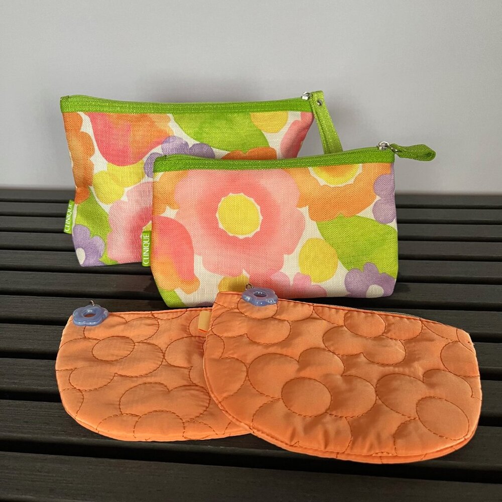 Set of Four Floral Make-up Cosmetic Bags by Clinique and Ipsy. Orange Gift Idea
